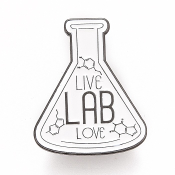Word Live Lab Love Brooch, for Teachers Students, Flask Shape Alloy Badge for Backpack Clothes, Gunmetal, White, 30.5x25x1.5mm, Pin: 1.2mm