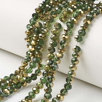 Electroplate Transparent Glass Beads Strands, Half Golden Plated, Faceted, Rondelle, Green, 3x2mm, Hole: 0.8mm, about 150~155pcs/strand, 15~16 inch(38~40cm)