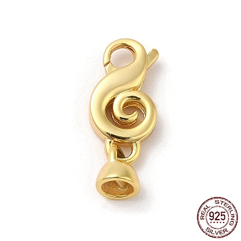 Rack Plating 925 Sterling Silver Lobster Claw Clasps with Cord End, Musical Note, with 925 Stamp, Real 18K Gold Plated, Clasp: 17.5x9x2.5mm, Cord End: 6.5x6x5.5mm, Inner Diameter: 4mm