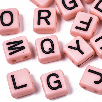 Opaque Acrylic Multi-Strand Links, for Tile Elastic Bracelets Making, Rectangle with Black Letter, Mixed Letters, Pink, 8x8x4mm, Hole: 1.6mm, about 1509pcs/387g