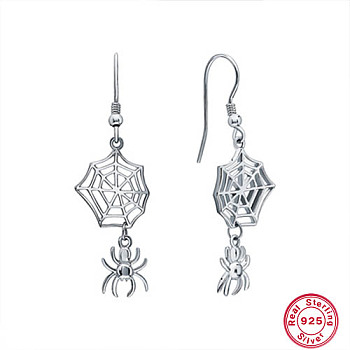 Rhodium Plated 925 Sterling Silver Dangle Earrings, Spider and Web, Platinum, 44x8~14mm