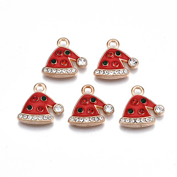 Alloy Enamel Pendants, with Colorful Rhinestone, Cadmium Free & Lead Free, Christmas Hat, Light Gold, Red, 15.5x16x2.5mm, Hole: 2mm