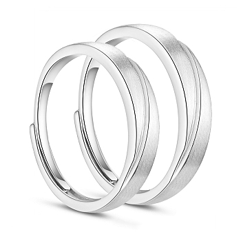 Adjustable Grooved Rhodium Plated 925 Sterling Silver Couple Rings, Promise Rings for Lovers, Platinum, US Size 7 1/4(17.5mm), US Size 10 1/4(19.9mm), 2pcs/set