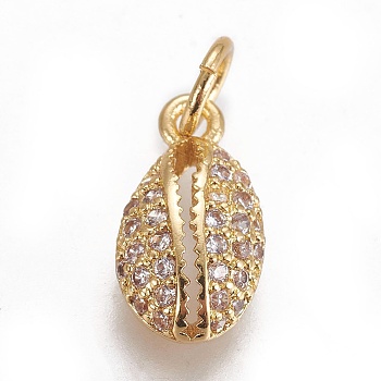 Brass Micro Pave Cubic Zirconia Charms, Cowrie Shell, Clear, Golden, 12.5x7x3.5mm, Hole: 3mm