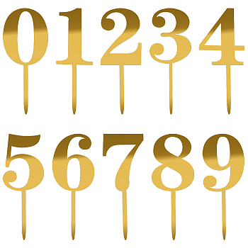 10Pcs 10 Style Number Acrylic Mirror Effect Cake Toppers, Cake Insert Cards, for Cake Decoration, Gold, 146~162.5x50~61x1mm, pin: 5x1mm, 1pc/style