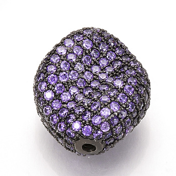 Brass Micro Pave Cubic Zirconia Beads, Oval, Medium Orchid, Gunmetal, 20x17x9mm, Hole: 1.5mm