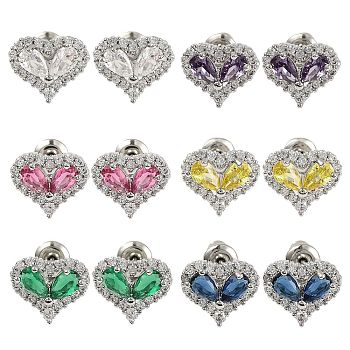 Cubic Zirconia Heart Stud Earrings, Rack Plating Brass Jewelry for Women, Platinum, Mixed Color, 9.5x11mm