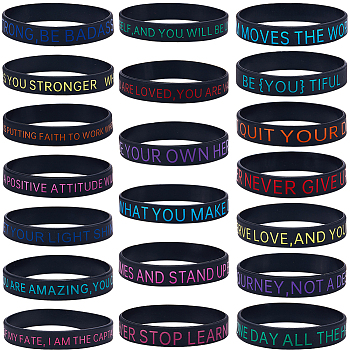 20Pcs 20 Style Motivational Quotes Silicone Cord Bracelets Wristbands, Black, Inner Diameter: 2-3/8 inch(6cm), 1Pc/style