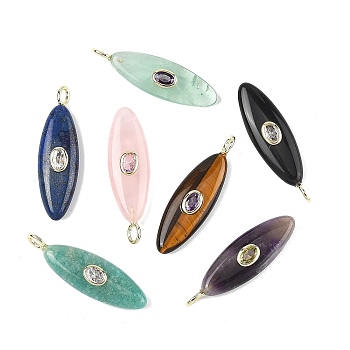 Natural Mixed Gemstone Pendants, Horse Eye Charms with Brass Micro Pave Cubic Zirconia(Random Color) Findings, Golden, Mixed Dyed and Undyed, 41x12x7mm, Hole: 2x4mm