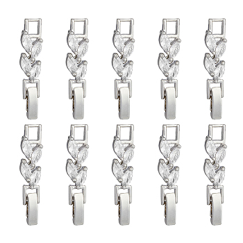 10Pcs Brass Clear Cubic Zirconia Watch Band Clasps, Leaf, Platinum, 32x6x4mm, Hole: 3x3.7mm