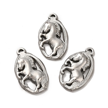 304 Stainless Steel Pendants, Oval with Horse Charms, Stainless Steel Color, 26.5x15.5x3mm, Hole: 1x2mm