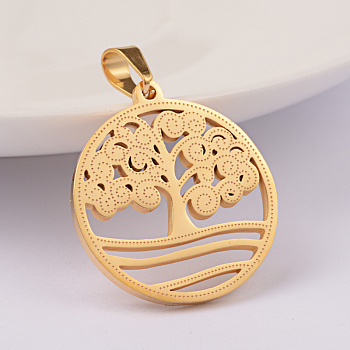 Ion Plating(IP) 304 Stainless Steel Pendants, Flat Round with Tree, Golden, 27x25x2mm, Hole: 6x4mm