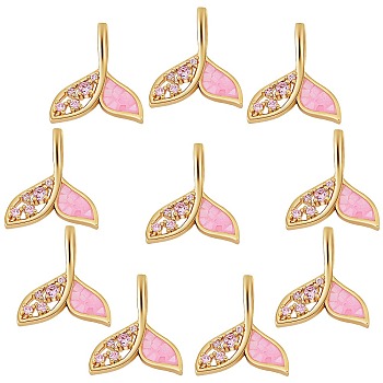 10Pcs Brass Micro Pave Plum Cubic Zirconia Pendants, with Enamel and Shell, Long-Lasting Plated, Mermaid, Real 18K Gold Plated, 21x18x4mm, Hole: 6x3mm