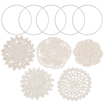 Gorgecraft Cup Mat Cotton Coaster, Crochet Cotton Lace Coasters, for Drinks Home Decoration, with Iron Linking Rings, Bisque, Cup Mat: 5pcs, Linking Rings: 5pcs