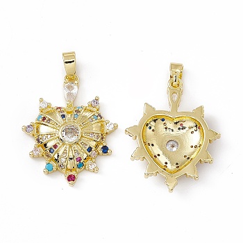 Brass Micro Pave Cubic Zirconia Pendants, with Glass Rhinestone, Real 18K Gold Plated, Bumpy Heart Charm, Colorful, 26x21x4.5mm, Hole: 5.5x3mm