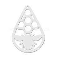 201 Stainless Steel Pendants, Laser Cut, Teardrop with Bee, Stainless Steel Color, 36.5x24.5x1mm, Hole: 1.6mm(STAS-S105-LA803-1)