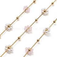 Glass & ABS Plastic Pearl Beaded Flower Link Chains, with Golden 304 Stainless Steel Satellite Chains, Soldered, with Spool, Golden, 8.5x9x3mm, 8x8.5x3mm, about 32.81 Feet(10m)/Roll(CHS-G028-12G)