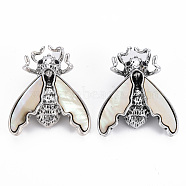 Natural White Shell Cicada Brooch, Alloy Lapel Pin with Loop for Jewelry Pendant, Cadmium Free & Lead Free, Antique Silver, Floral White, 44x37x13mm, Hole: 6.5x8.5mm, Pin: 0.7mm(PALLOY-Q438-005B-RS)