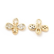 Brass Micro Pave Clear Cubic Zirconia Charms, Bee Charm, Real 18K Gold Plated, 9x10x2mm, Hole: 1.5mm(KK-G447-07G)
