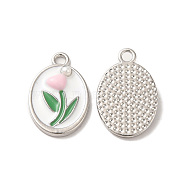 Alloy Enamel Pendants with ABS Plastic Pearl Beaded, Nickle Free, Oval with Flower Charms, Platinum, 20x13x3mm, Hole: 2mm(ENAM-O050-06P)