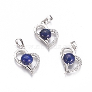 Natural Lapis Lazuli Pendants, with Platinum Tone Brass Findings and Crystal Rhinestone, Heart, Dyed, 29x21.5x9mm, Hole: 7x3.5mm(X-G-L512-O07)