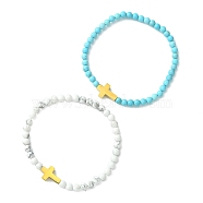 2Pcs 2 Style Natural Howlite & Synthetic Turquoise & 304 Stainless Steel Cross Beaded Stretch Bracelets Set, Golden, Inner Diameter: 2-1/8 inch(5.5cm), 1Pc/style(BJEW-JB09465-02)