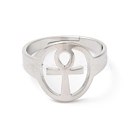 304 Stainless Steel Hollow Ankh Corss Adjustable Ring for Women, Stainless Steel Color, Inner Diameter: 17mm(RJEW-K245-39P)