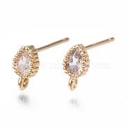 Brass Stud Earring Findings, with Loop and Cubic Zirconia, Teardrop, Clear, Nickel Free, Real 18K Gold Plated, 7.5x4mm, Hole: 1mm(X-KK-Q750-032G)