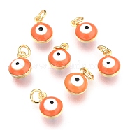 Brass Enamel Charms, Real 18K Gold Plated, Long-Lasting Plated, with Jump Ring, Evil Eye, Coral, 9.5x6.5x4.5mm, Hole: 2.5mm(KK-B024-02G-H)