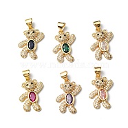 Rack Plating Brass Micro Pave Cubic Zirconia Pendants, Cadmium Free & Lead Free, Long-Lasting Plated, Real 18K Gold Plated, Bear, Mixed Color, 19.5x12.5x4.5mm, Hole: 4x3.3mm(KK-P235-05G)