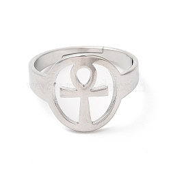 Non-Tarnish 304 Stainless Steel Hollow Ankh Corss Adjustable Ring for Women, Stainless Steel Color, Inner Diameter: 17mm(RJEW-K245-39P)