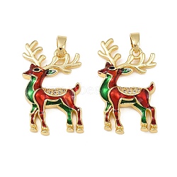 Christmas Brass Micro Pave Cubic Zirconia Enamel Pendants, Rack Plating, Cadmium Free & Lead Free, Long-Lasting Plated, Golden, Deer, 27.5x20x4mm, Hole: 5x3mm(KK-B161-15G-01)
