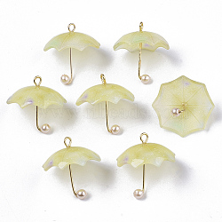 Acrylic Pendants, with Golden Plated Brass Loops and ABS Plastic Imitation Pearl, Umbrella, Pale Goldenrod, 20~21x20x20mm, Hole: 1.6mm(X-KY-S163-093A-04)