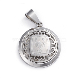 304 Stainless Steel Pendants, Flat Round with 12 Constellation/Zodiac Sign, Stainless Steel Color, Scorpio, 29x25x4.5mm, Hole: 9x5mm(STAS-I143-08P-02)