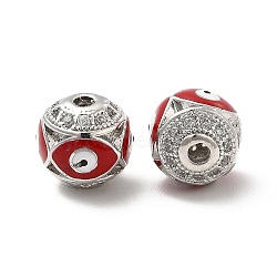 Brass Micro Pave Cubic Zirconia Beads, Round with Enamel Evil Eye, Platinum, Red, 10x9.5mm, Hole: 1.6mm(KK-E068-VB152-2)
