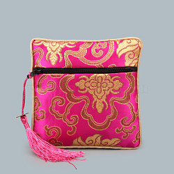 Chinese Style Square Cloth Zipper Pouches, with Random Color Tassels and Auspicious Clouds Pattern, Deep Pink, 12~13x12~13cm(CON-PW0001-090I)