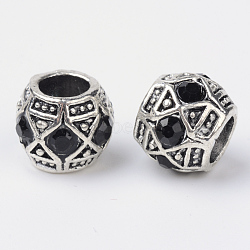 Alloy Rhinestone Rondelle Large Hole European Beads, Antique Silver, Jet, 11x9mm, Hole: 5mm(X-MPDL-R036-80A)