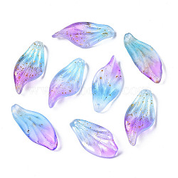 Two Tone Frosted Transparent Spray Painted Glass Pendants, with Glitter Powder, Leaf, Violet, 30x14x3.5mm, Hole: 1mm(GGLA-S054-016H-01)