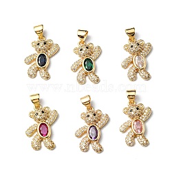 Rack Plating Brass Micro Pave Cubic Zirconia Pendants, Cadmium Free & Lead Free, Long-Lasting Plated, Real 18K Gold Plated, Bear, Mixed Color, 19.5x12.5x4.5mm, Hole: 4x3.3mm(KK-P235-05G)