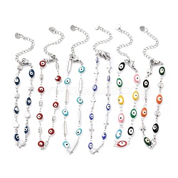 304 Stainless Steel Link Chain Bracelets, with Enamel, Evil Eye, Mixed Color, Stainless Steel Color, 7-1/4~8-3/8 inch(18.5~21.2cm)(BJEW-P267-P)