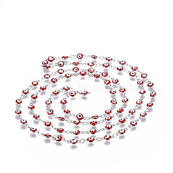 304 Stainless Steel Enamel Chains, Soldered, Flat Round with Evil Eye, Stainless Steel Color, Red, 9x4.5x2.5~3mm(CHS-P006-02P-01)