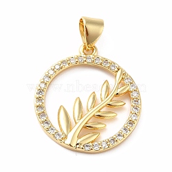 Rack Plating Brass Micro Pave Cubic Zirconia Pendants, Long-Lasting Plated, Real 18K Gold Plated, Ring with Leaf, Clear, 21.5x19x2mm, Hole: 3.2x4.5mm(KK-B057-05G-01)