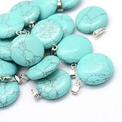 Flat Round Dyed Synthetic Turquoise Pendants, with Platinum Tone Brass Findings, 22~25x19~21x5~7mm, Hole: 2x7mm(G-Q370-20)