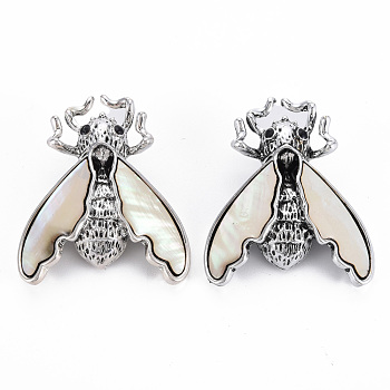 Natural White Shell Cicada Brooch, Alloy Lapel Pin with Loop for Jewelry Pendant, Cadmium Free & Lead Free, Antique Silver, Floral White, 44x37x13mm, Hole: 6.5x8.5mm, Pin: 0.7mm