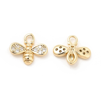 Brass Micro Pave Clear Cubic Zirconia Charms, Bee Charm, Real 18K Gold Plated, 9x10x2mm, Hole: 1.5mm