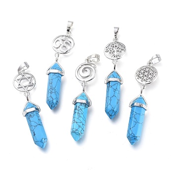 Synthetic Turquoise Pointed Big Pendants, Double Terminated Pointed, with Platinum Plated Brass Findings, Faceted, Bullet, 59~67x14~15mm, Hole: 7x5mm, Gemstone: 41~44x8mm