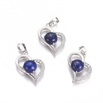 Natural Lapis Lazuli Pendants, with Platinum Tone Brass Findings and Crystal Rhinestone, Heart, Dyed, 29x21.5x9mm, Hole: 7x3.5mm