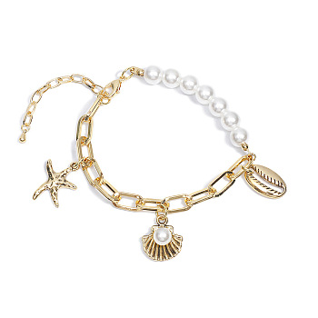 Beach Starfish Shell Charm Bracelet, Stainless Steel & Imitation Pearl Beads Bracelets for Women