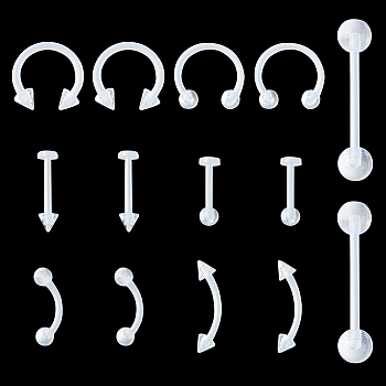 14Pcs 7 Style Acrylic Piercing Body Jewelry, Including Straight Barbell Tongue Ring, Curved Eyebrow Ring, Circular Nose Rings, Flat Back Stud Lip Rings, Clear, 12~30x3~12mm, 2Pcs/style