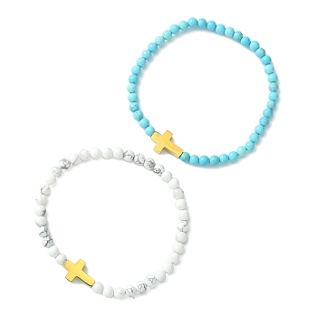 2Pcs 2 Style Natural Howlite & Synthetic Turquoise & 304 Stainless Steel Cross Beaded Stretch Bracelets Set, Golden, Inner Diameter: 2-1/8 inch(5.5cm), 1Pc/style